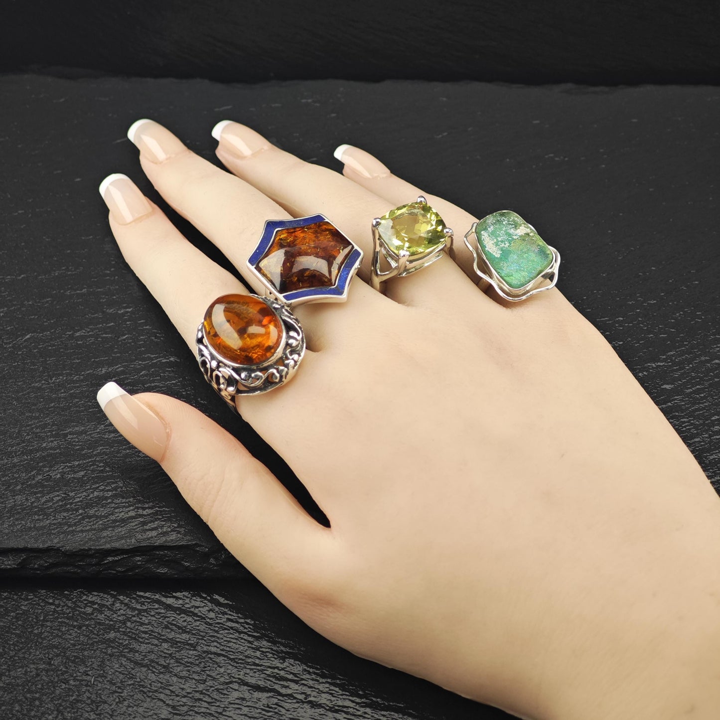 Amber and Lapis Ring Sterling Silver Size 9 R5957