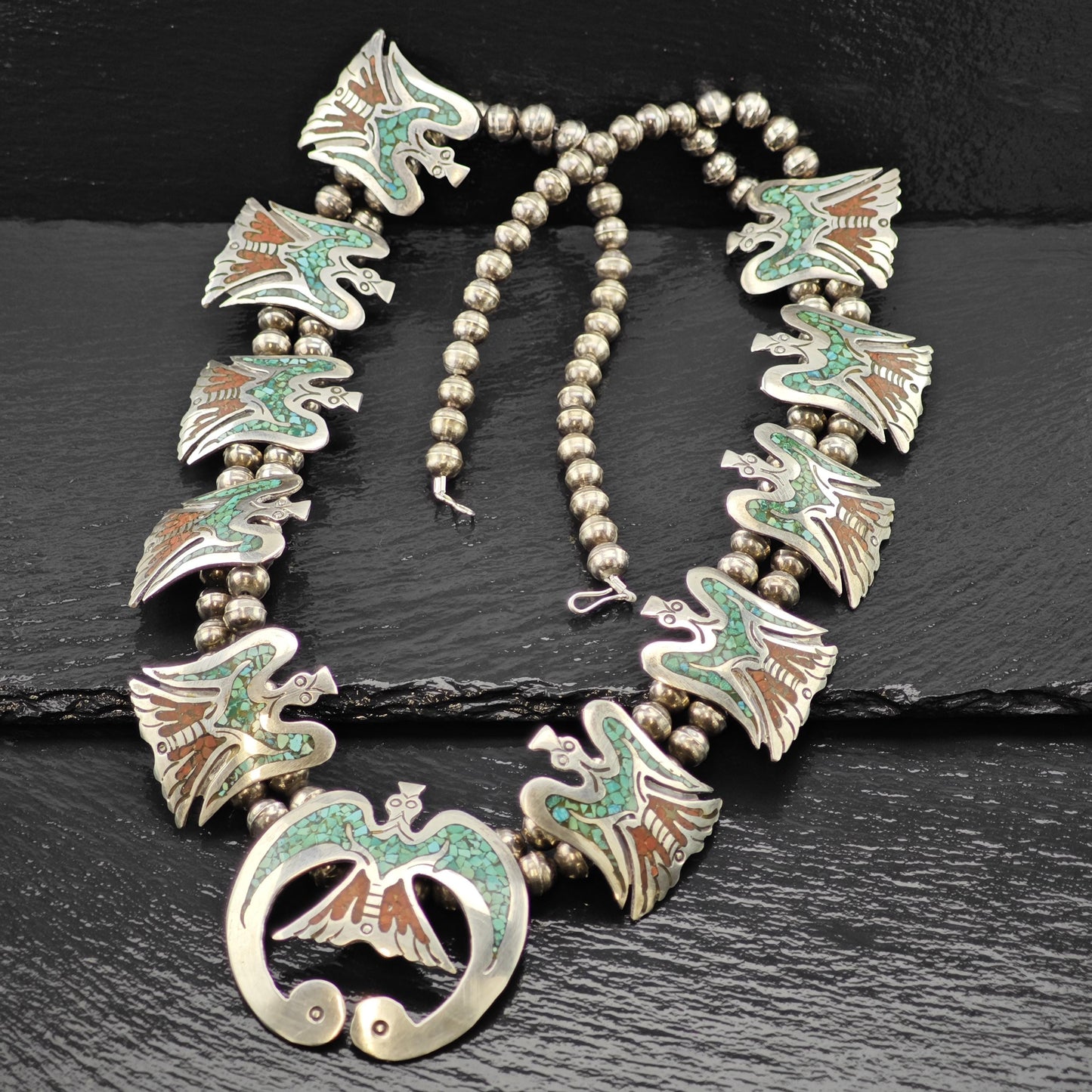 Native American Turquoise Inlay Eagle Squash Blossom Necklace Sterling Silver 29 1/2"