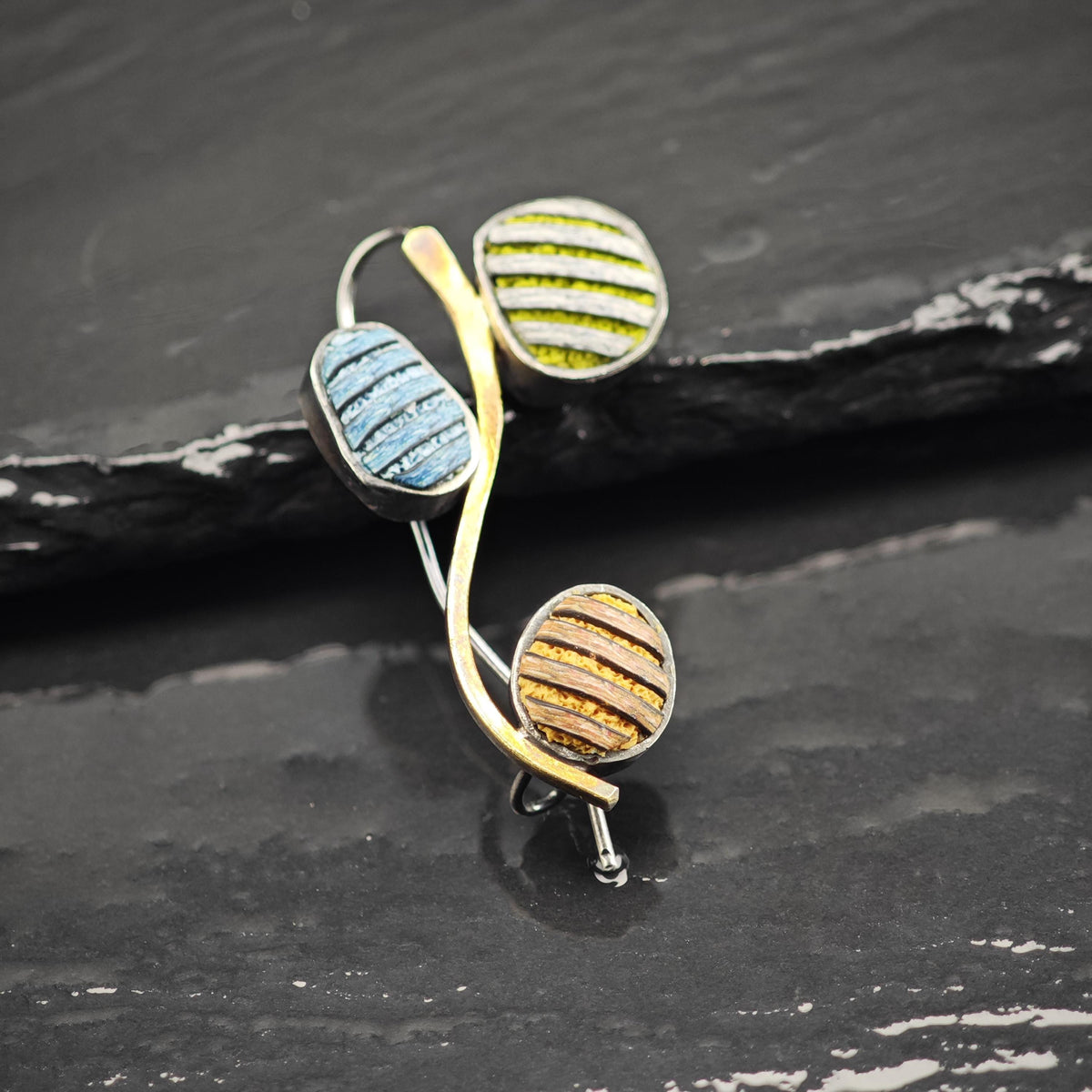 Artisan Abstract, Gold Accent Multicolor Carved Stones Sterling Silver Brooch B2253