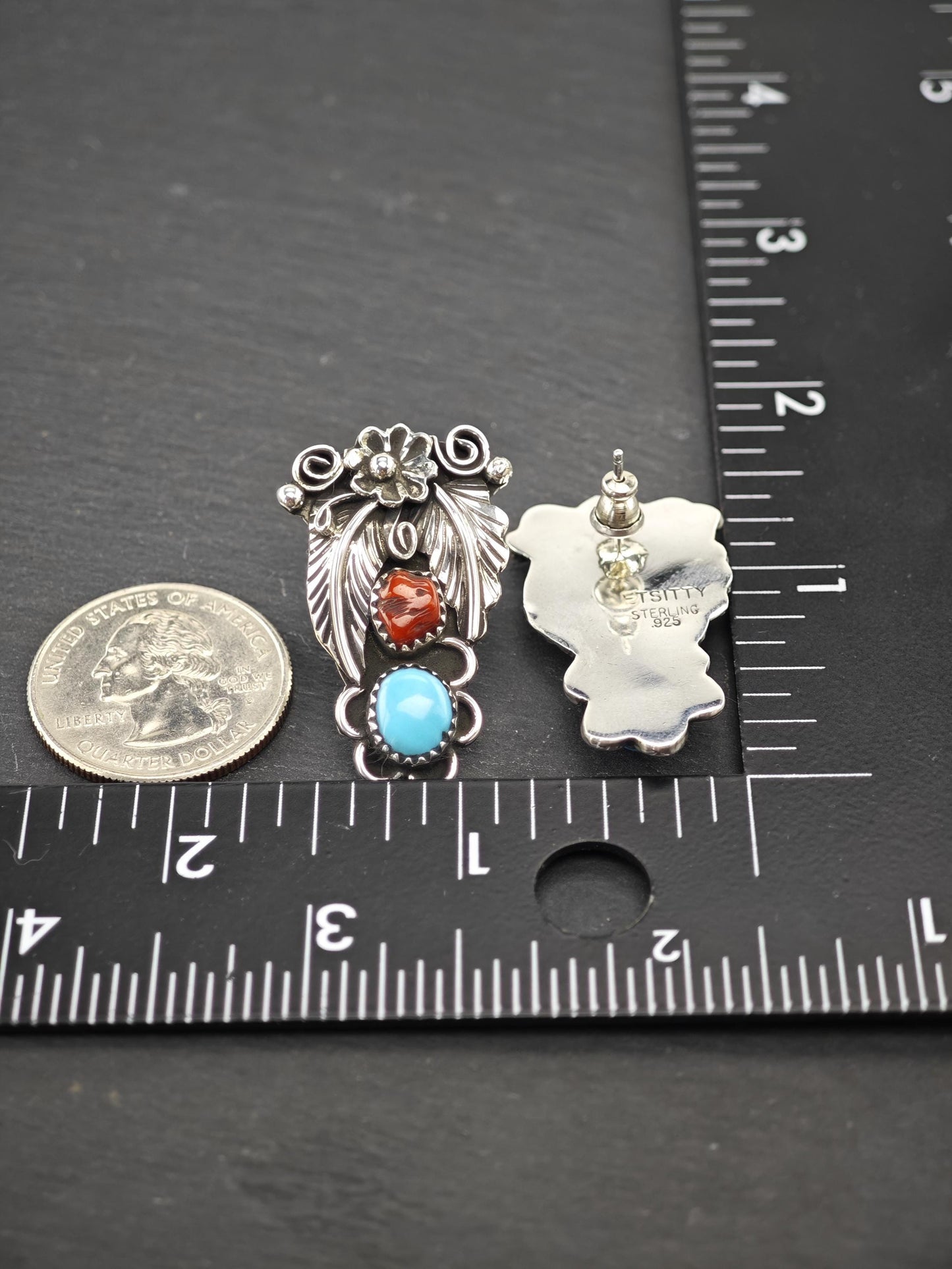 Native American Turquoise & Coral Stud Earrings Sterling Silver