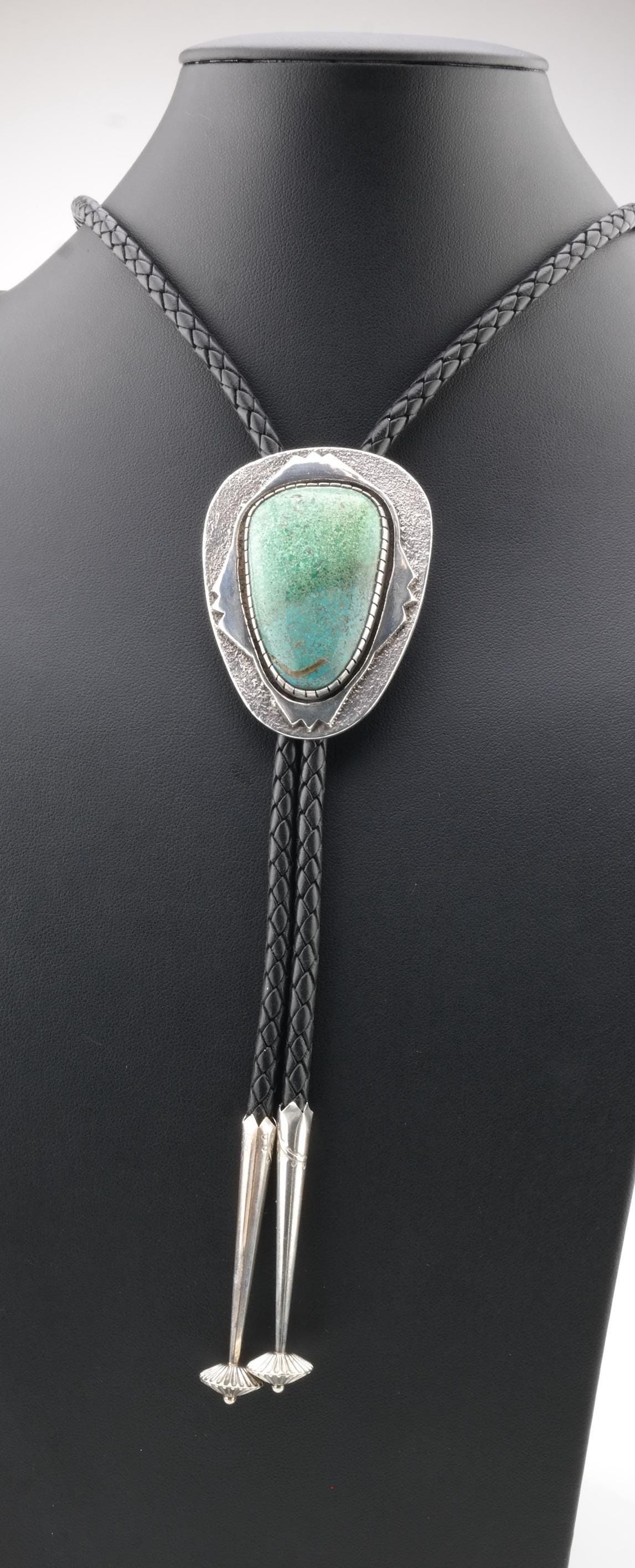 Rare Navajo Bolo Tie | Charles Singer Sterling Silver & Tufa Cast Turquoise | Southwestern Jewelry | 1970s