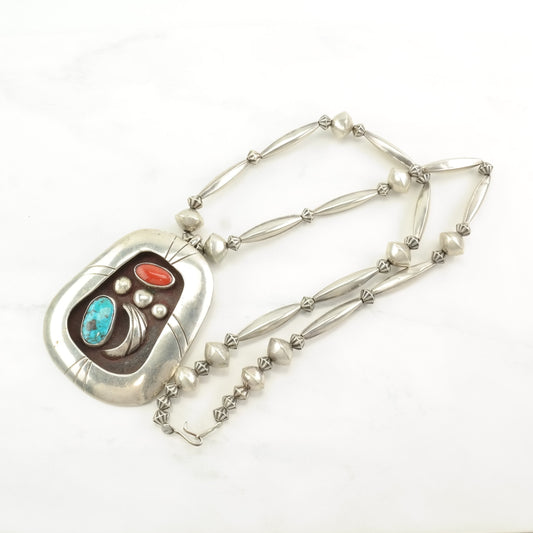 Native American Sterling Silver Blue, Red Coral, Turquoise Shadowbox Necklace