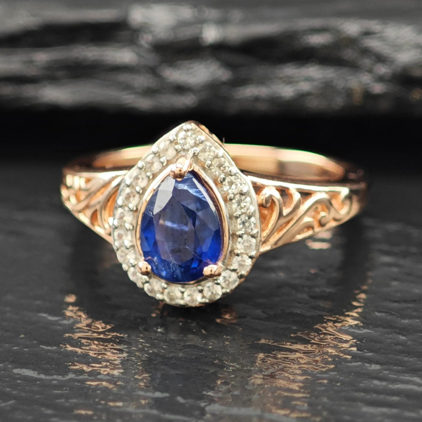 Natural Sapphire Teardrop 14K Rose Gold Plated Ring Sterling Silver Sz 5 R6167