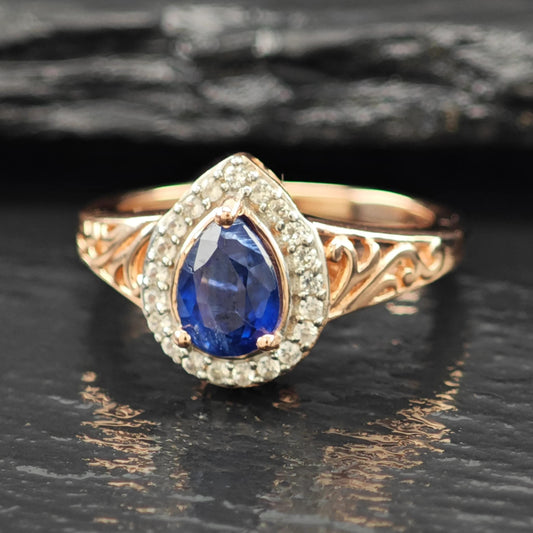 Natural Sapphire Teardrop 14K Rose Gold Plated Ring Sterling Silver Sz 5 R6167