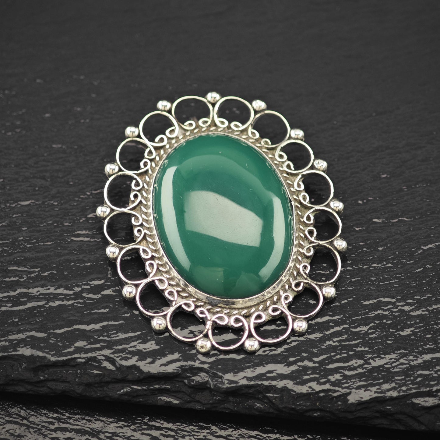 Green Onyx Mexican Brooch/Pendant Sterling Silver