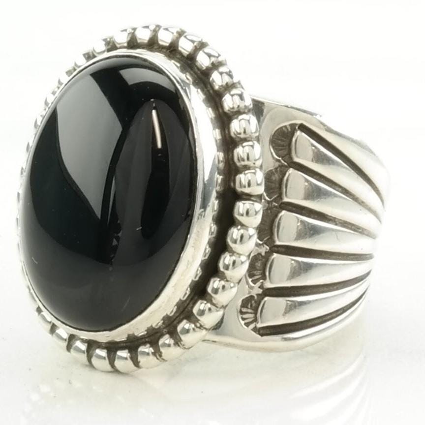 Vintage Navajo Silver Ring Onyx Stamped Sterling Black Size 10