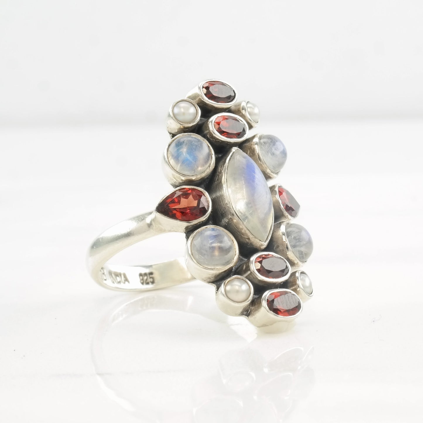 Nicky Butler Ring Moonstone, Garnet, Pearl Cluster Sterling Silver Size 12