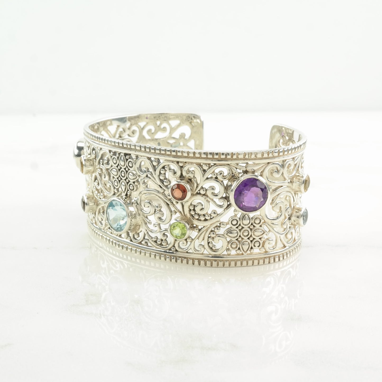 Samuel B Sterling Silver Cuff Bracelet Topaz, Garnet, Amethyst Open Filigree