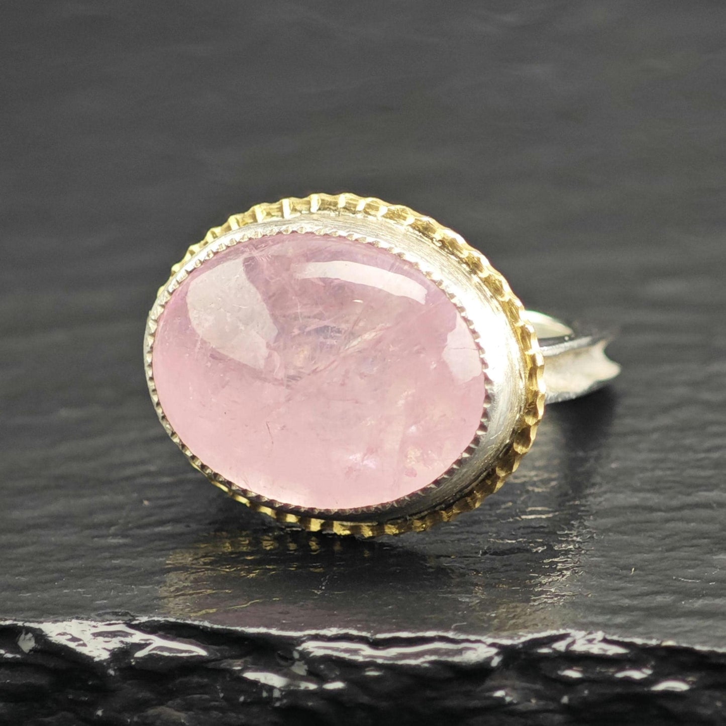 Oval Rose Quartz 18K Gold Accent Sterling Silver Ring Sz 6 1/4 R6705
