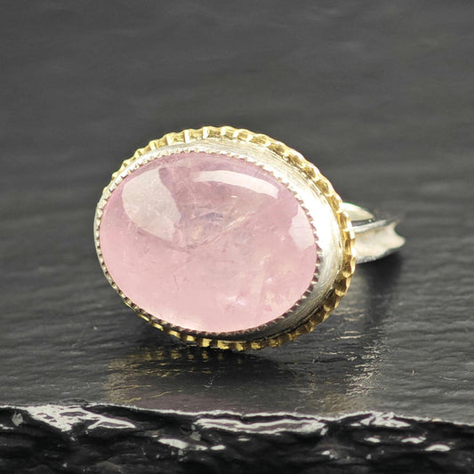 Oval Rose Quartz 18K Gold Accent Sterling Silver Ring Sz 6 1/4 R6705