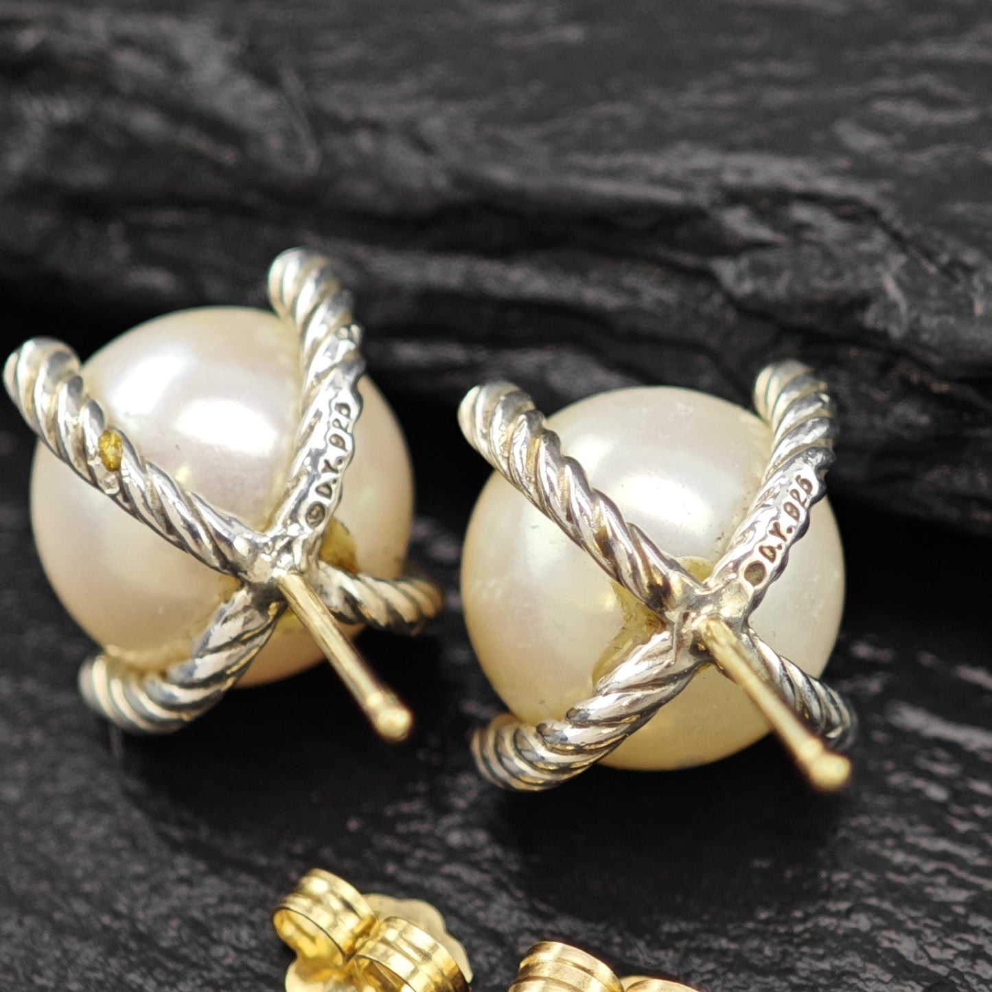 Vintage David Yurman White Pearl, Diamond 14k Gold Post Sterling Silver Stud Earrings