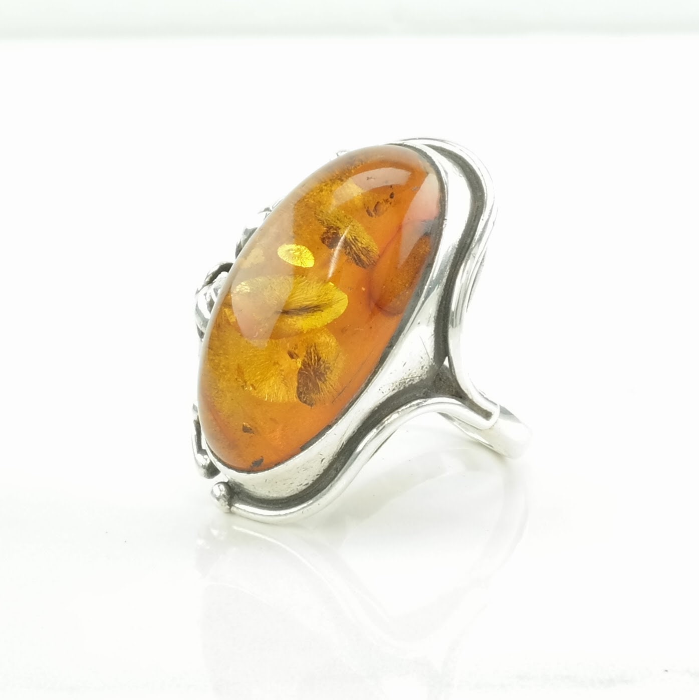 Art Nouveau Style Silver Ring Amber Sterling Orange Size 8