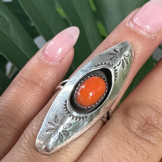 Native American Red Coral, Floral Stamped, Shadow Box, Long Sterling Silver Ring Size 5 1/2