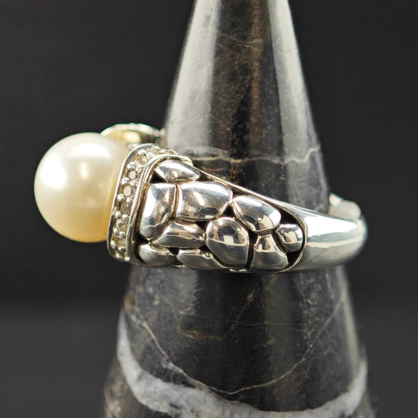 Effy Diamond Pearl Ring Sterling Silver Sz 7 1/4 R6029