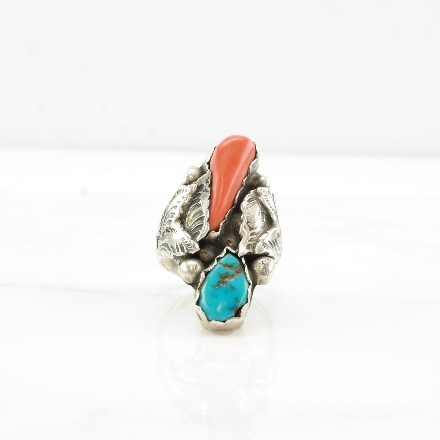 Zuni Sterling Silver Turquoise Coral Ring Native American