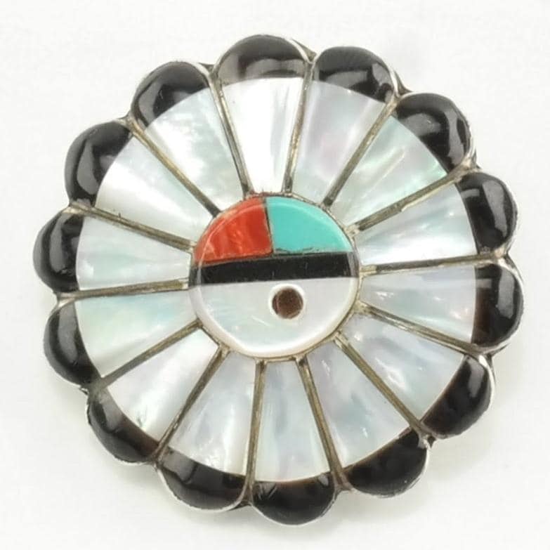 Vintage Native American Sterling Silver Brooch Pendant Inlay MOP, Onyx, Turquoise