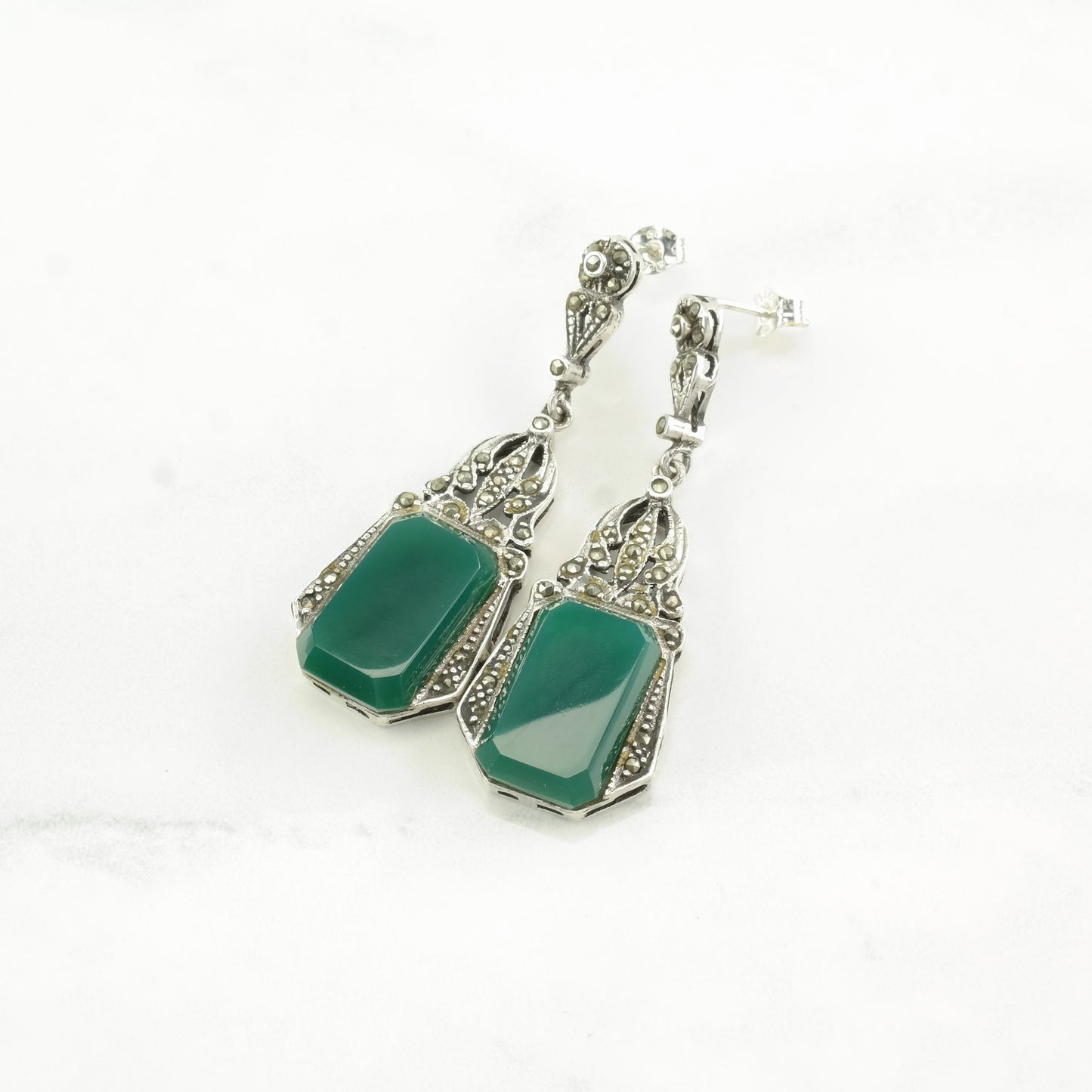 Art Deco Style Sterling Silver Green Chrysoprase Marcasite Earrings Stud/dangle