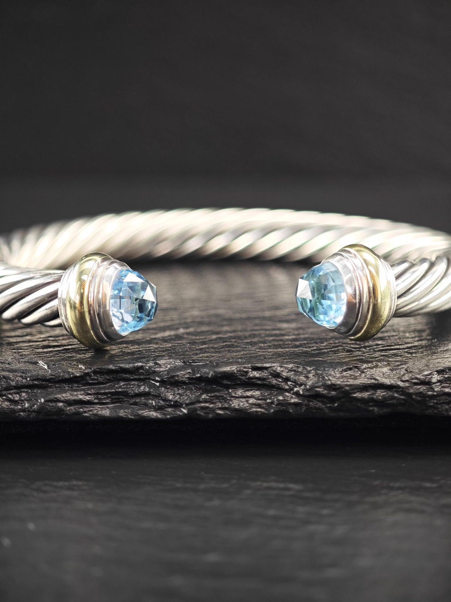 David Yurman 7mm 14K Gold Accents, Topaz Cuff Bracelet Sterling Silver
