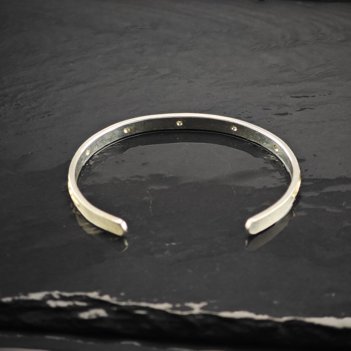 Artist Signed Diamond 14K Gold Accent, Thin Sterling Silver Cuff Bracelet Sz 6 1/4" BR3174
