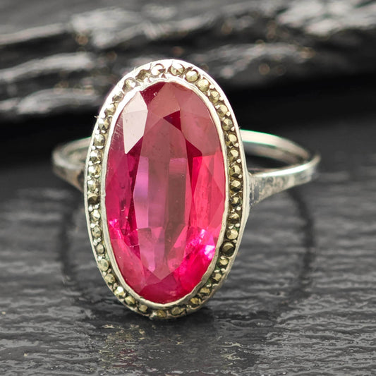 Art Deco Style Lab Ruby Ring Sterling Silver Sz 7 R6186