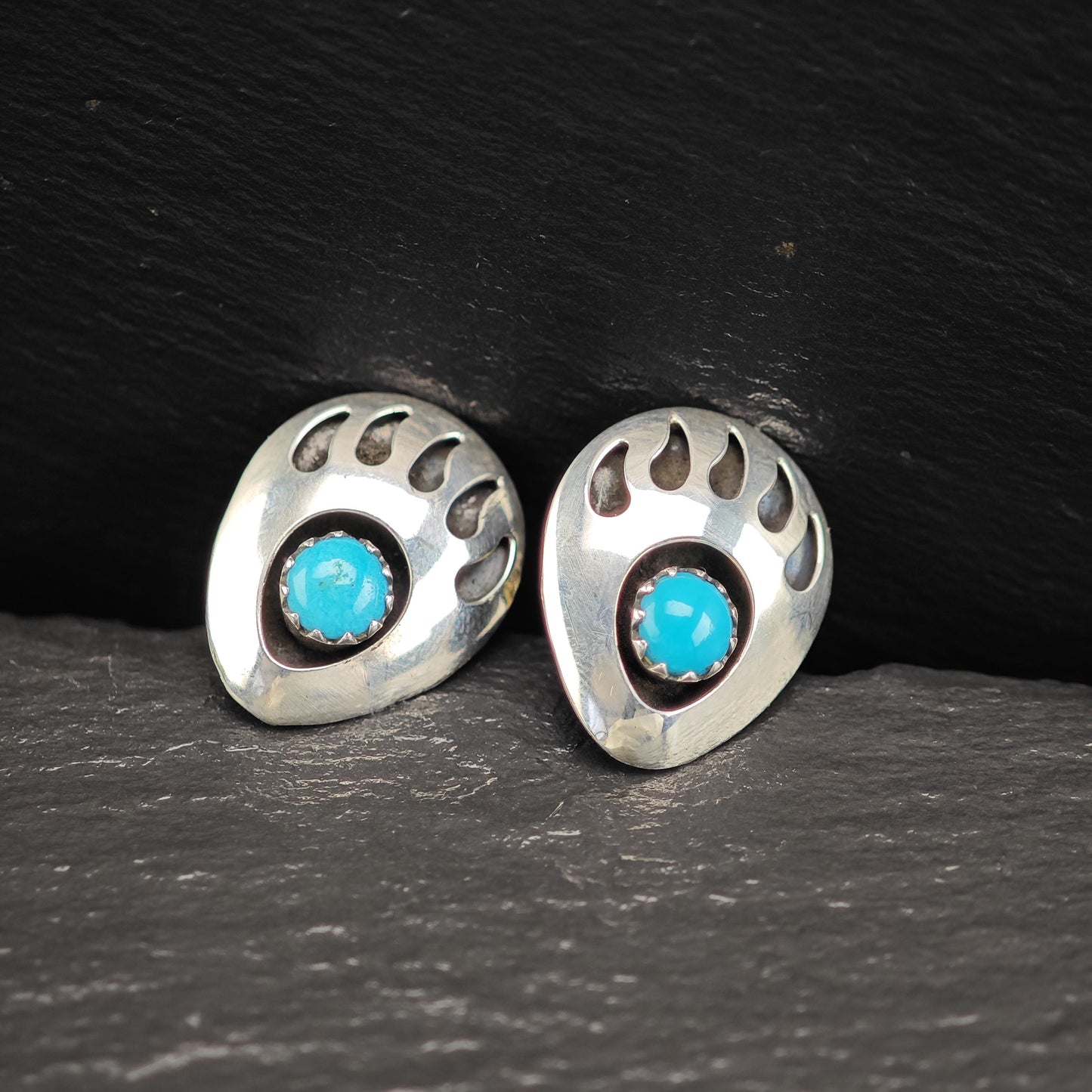 Southwest Blue Turquoise, Shadow Box Bear Paw Stud Earrings Sterling Silver
