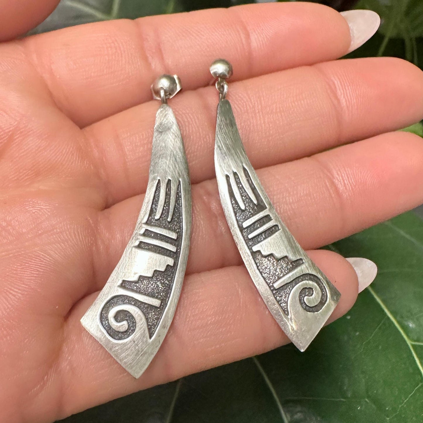 Vintage Native American Long, Overlay Sterling Silver Pierced Dangle Earrings