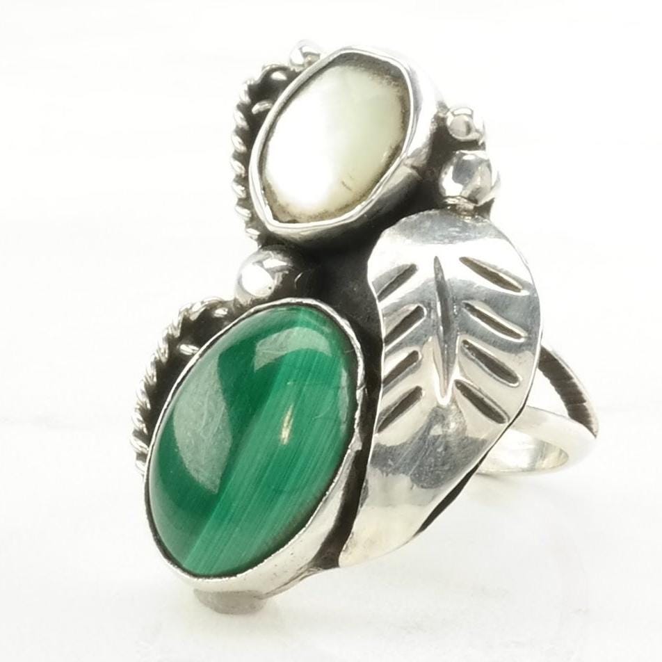 Vintage Southwest Silver Ring Malachite, MOP Leaf Sterling Green, White Size 5