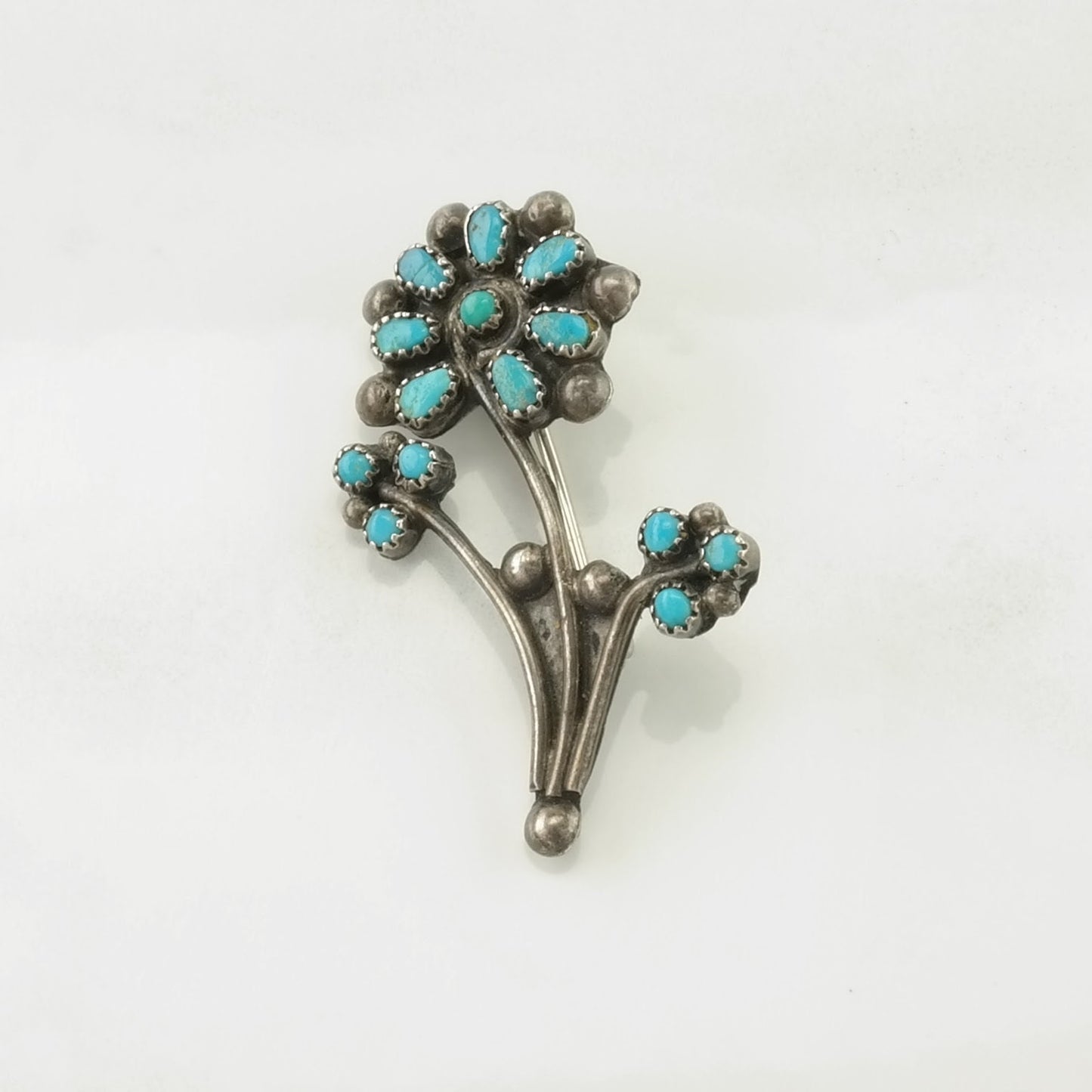 Vintage Zuni Brooch Sterling Silver Flower Blue Turquoise Petite Point