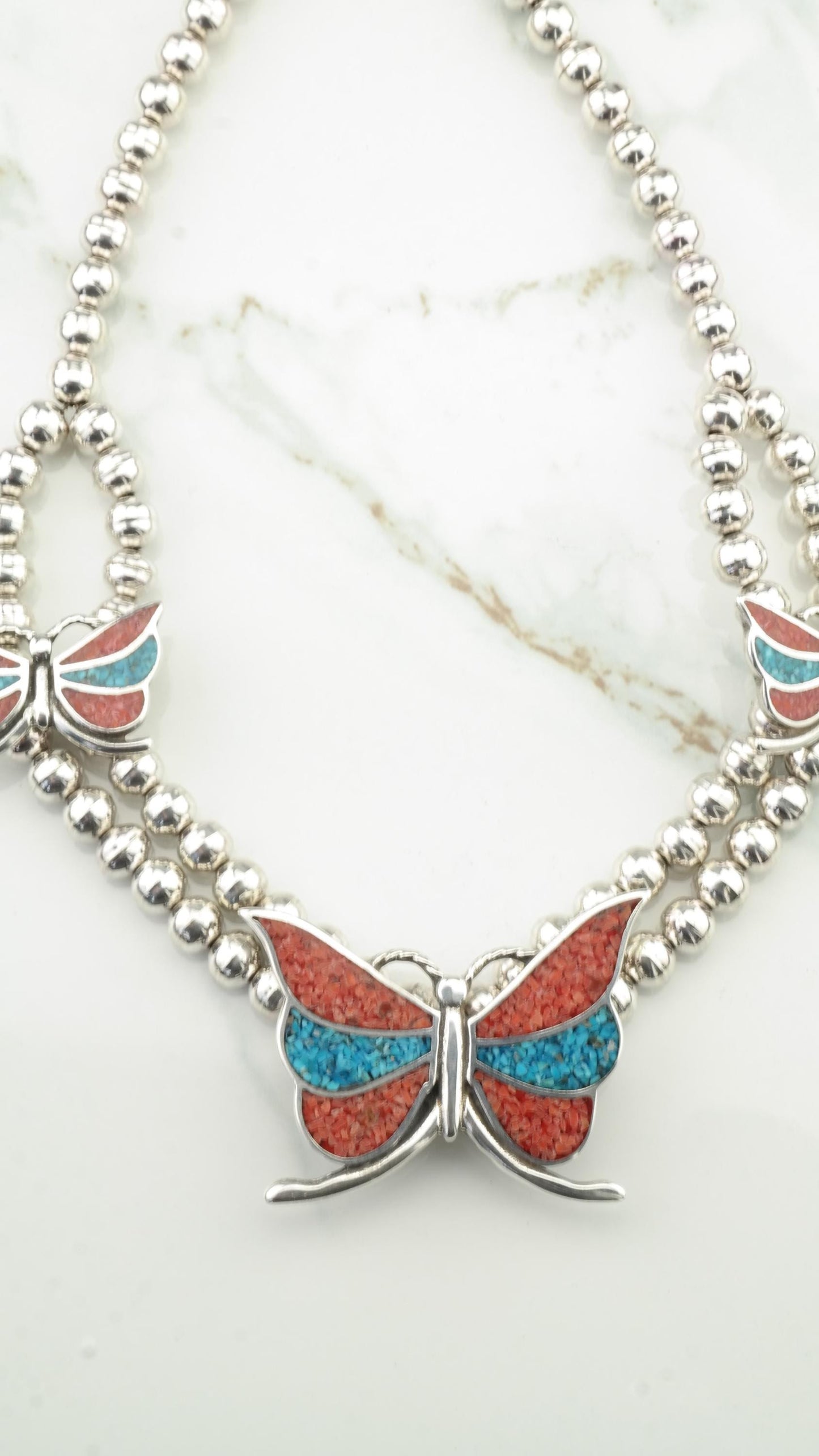 Sterling Silver Butterfly Necklace, Turquoise & Coral, Southwest