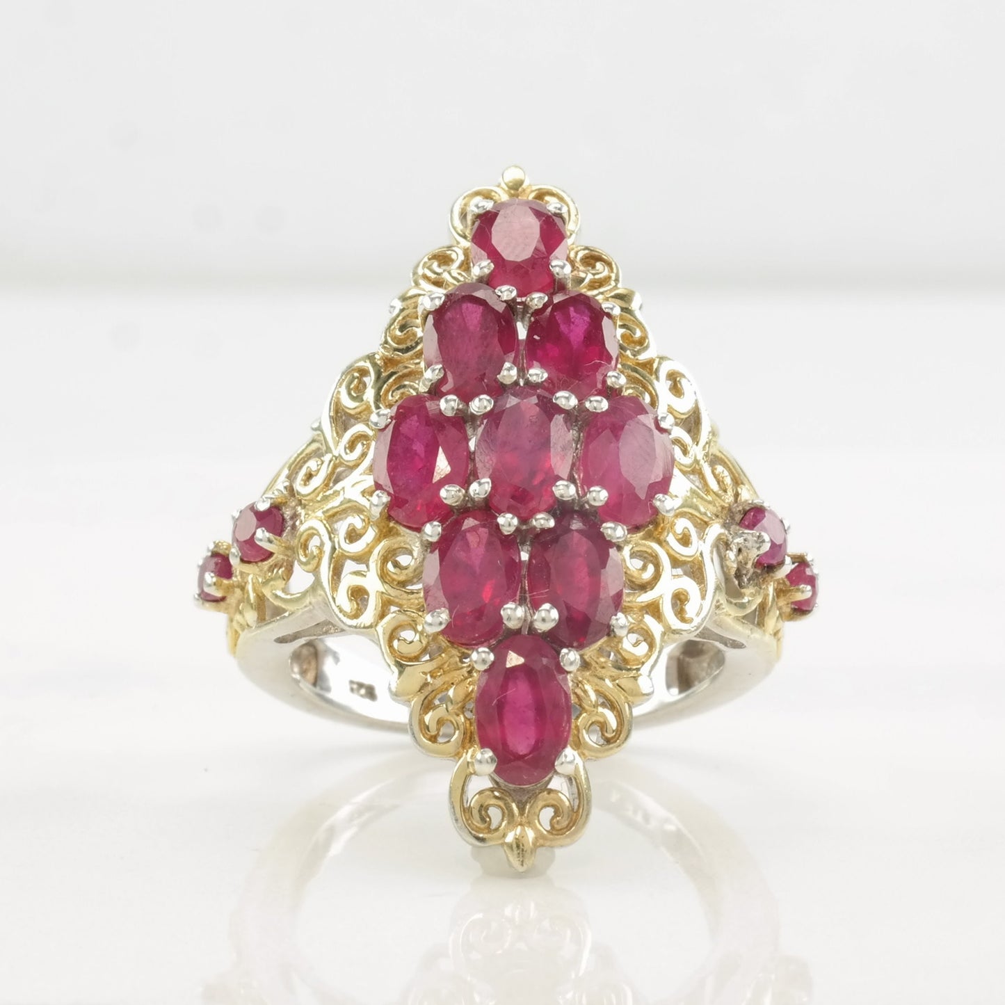 Vintage STS Ring Glass Filled Ruby, Cluster Gold Tone Sterling Silver Size 9 1/4