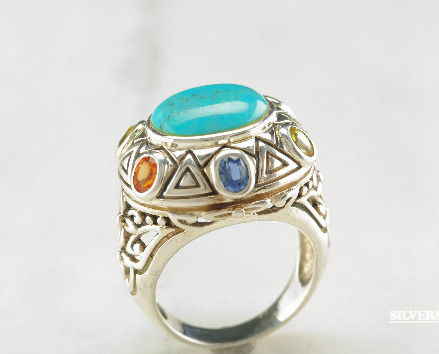 Statement Sterling Silver Ring Size 8 Blue, Yellow, Orange Turquoise Natural Sapphires