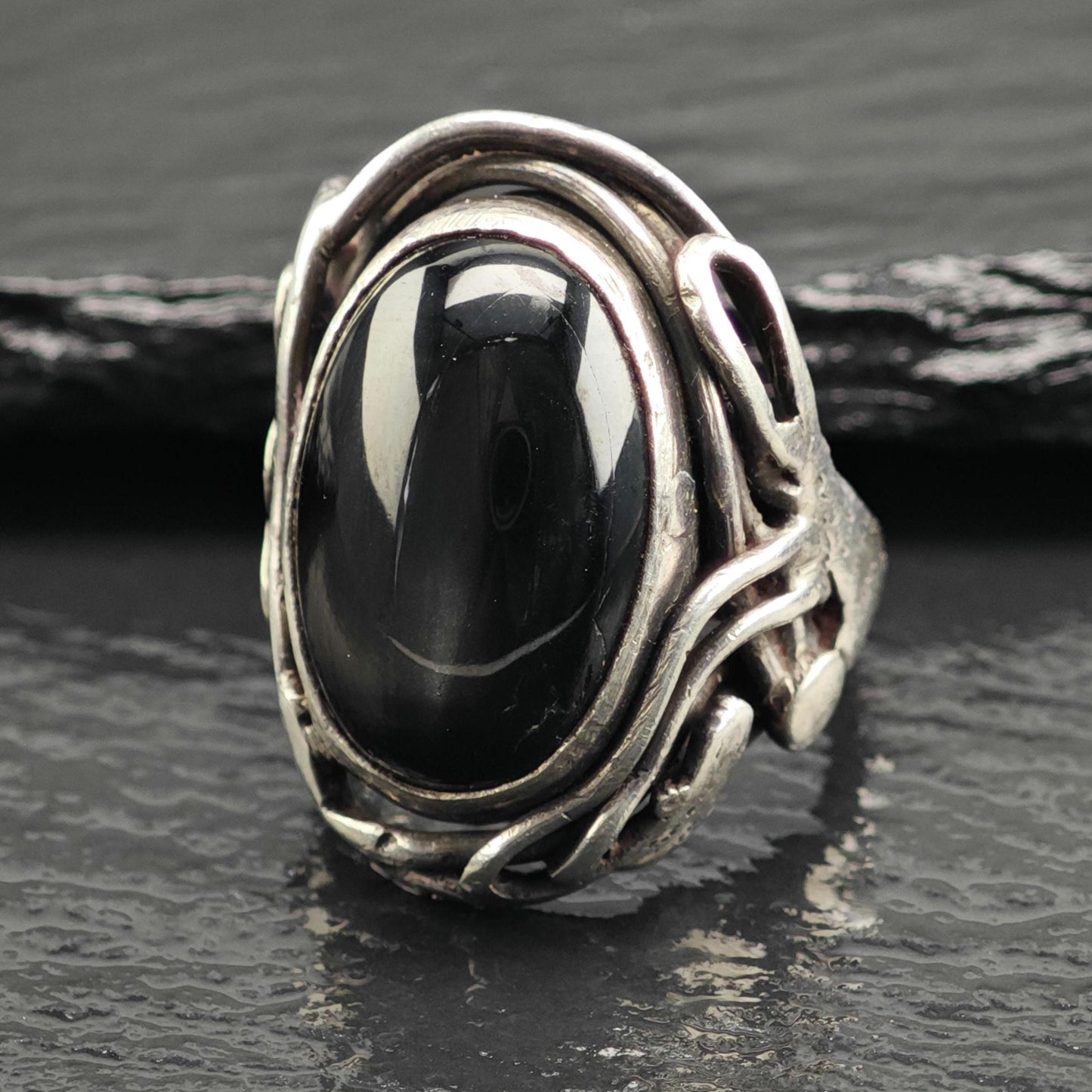 Black Cats Eye Quartz Modernist Sterling Silver Ring Sz 8 R6637