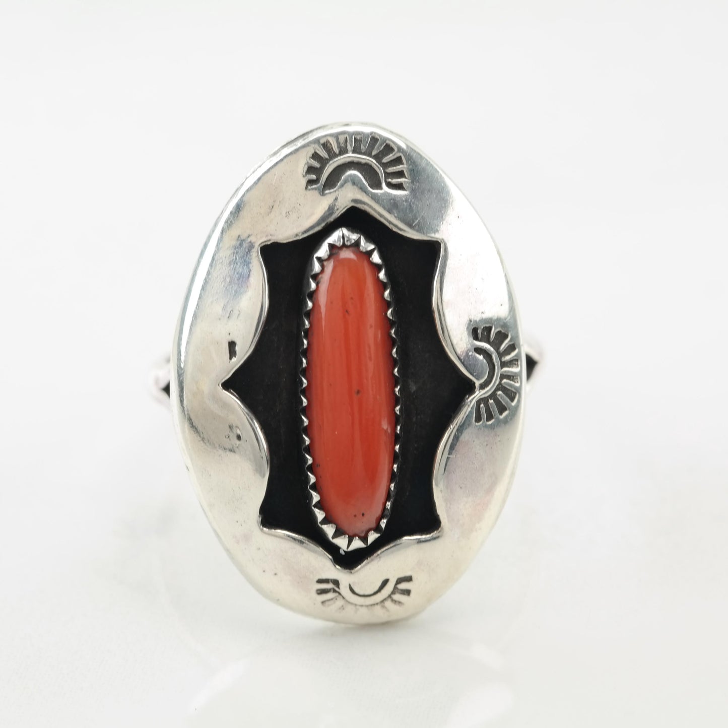 Coral Shadow Box Native American Silver Ring Sterling Size 9 1/2