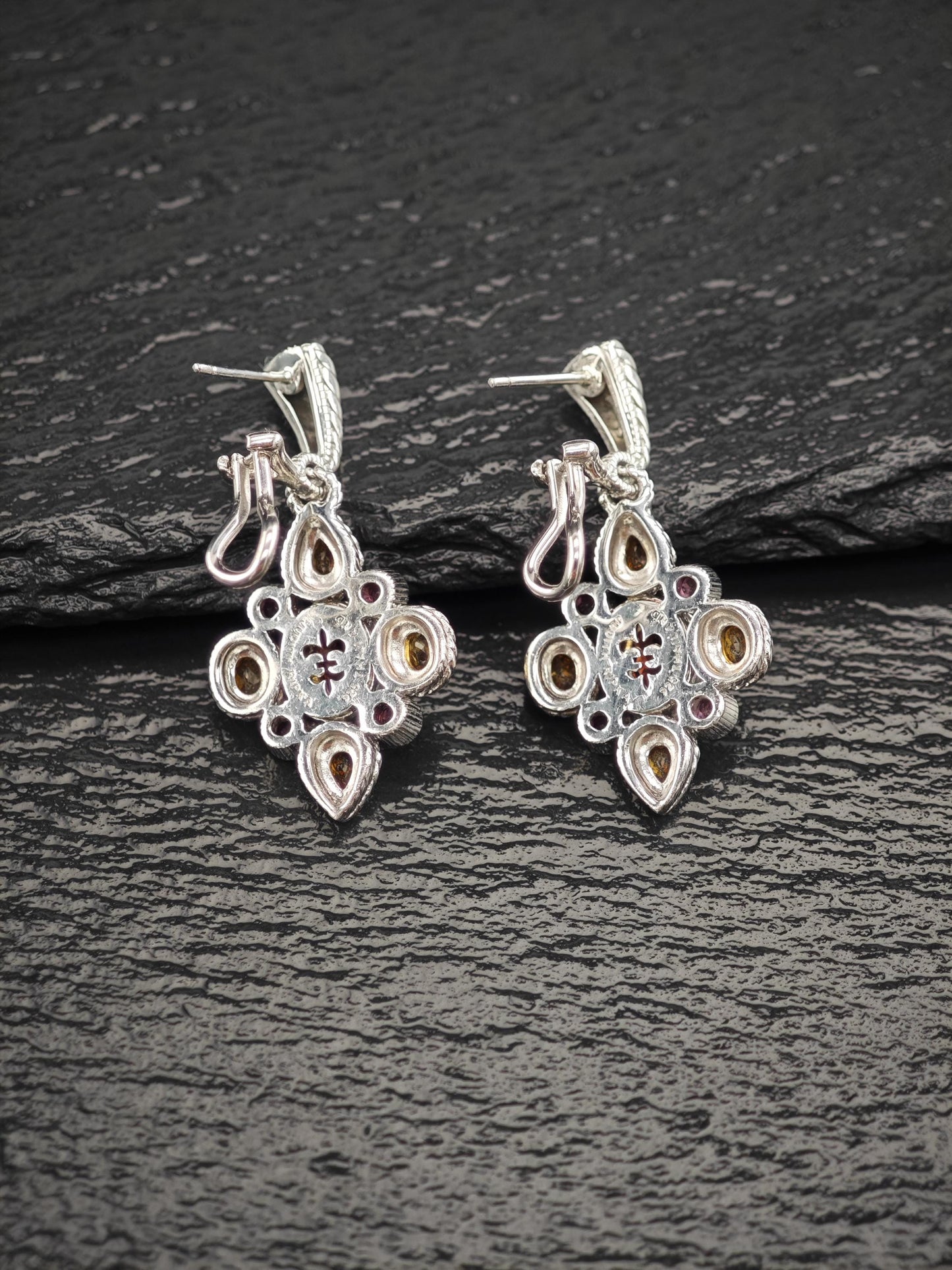 Judith Ripka Garnet Citrine Floral Sterling Silver Omega Back Earrings