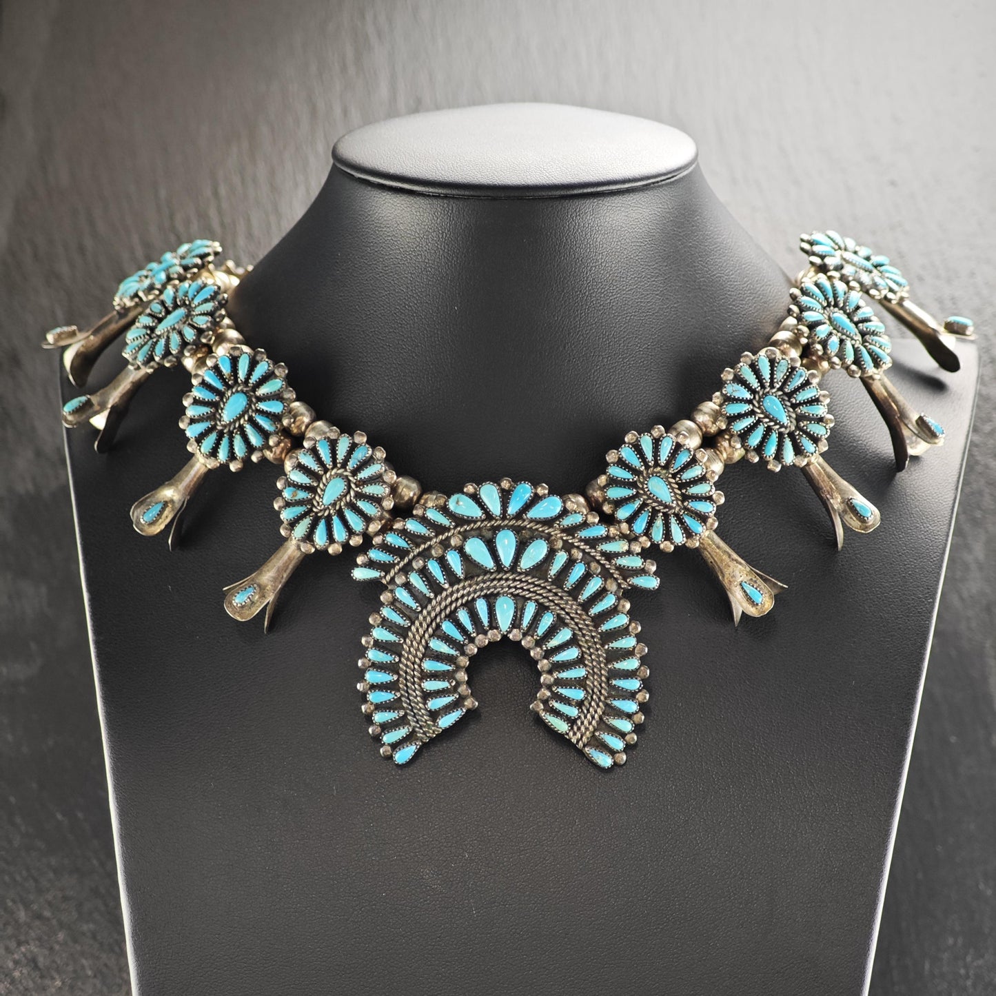 Vintage Navajo, Turquoise Floral Sterling Silver Squash Blossom Necklace