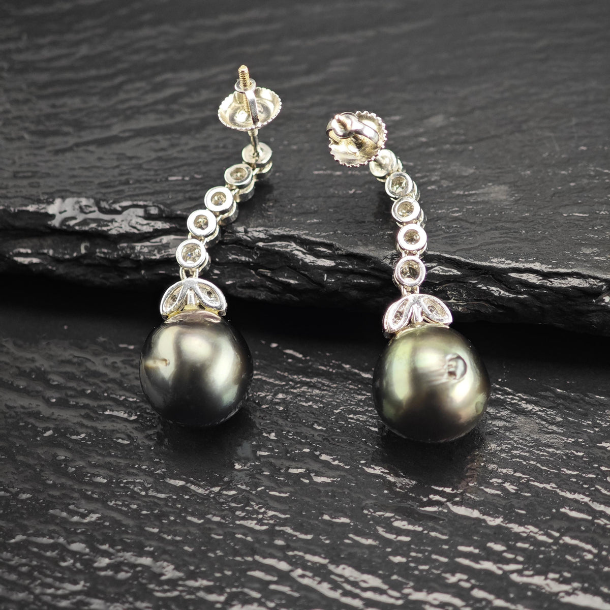 11mm Tahitian Pearl Diamond, 18K White Gold Stud/Dangle Earrings ER3220