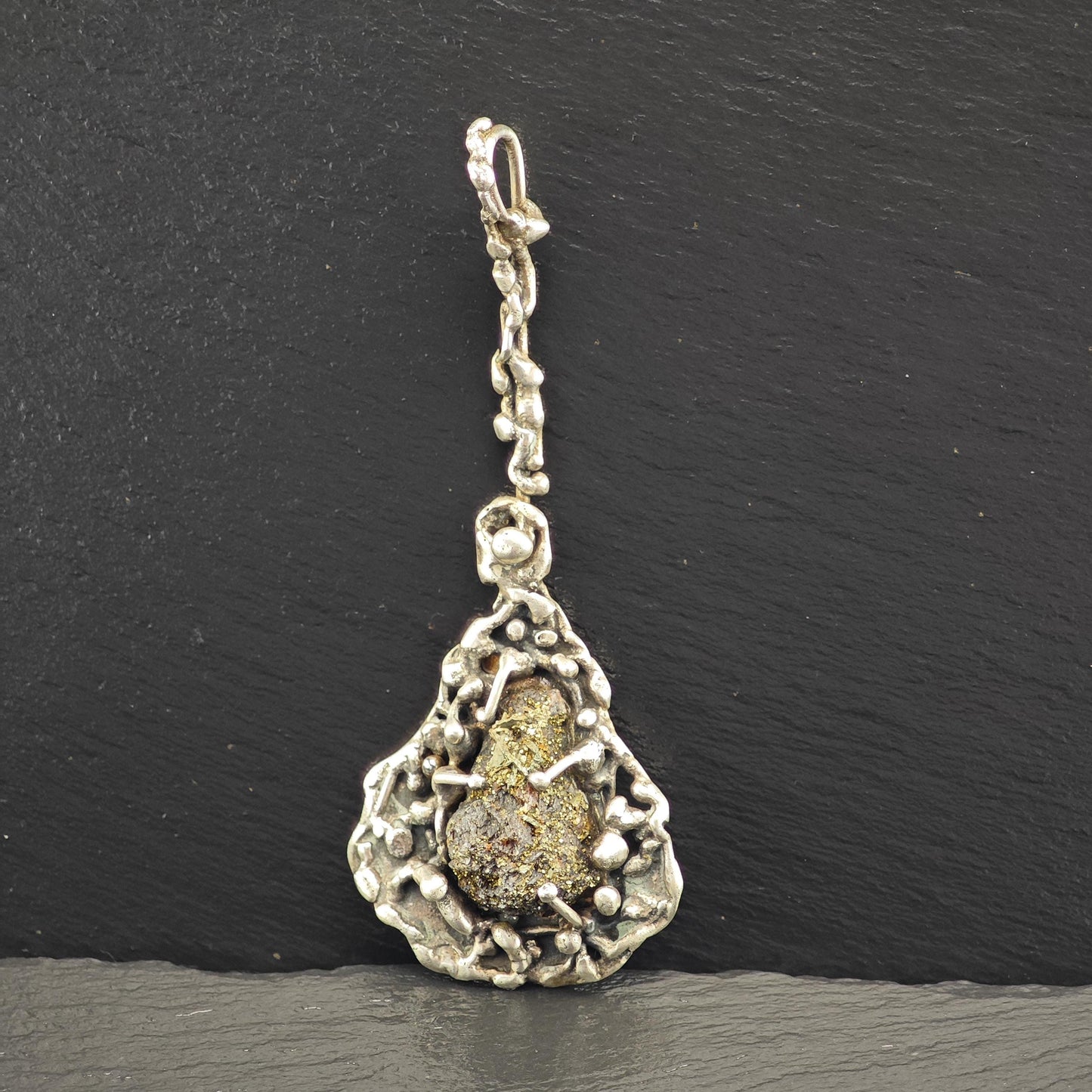 Vintage Sterling Silver Druzy Pendant Unique Brutalist Design