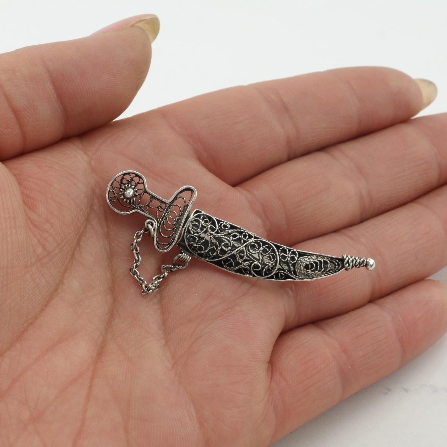 Vintage Sterling Silver Sword Brooch with Filigree