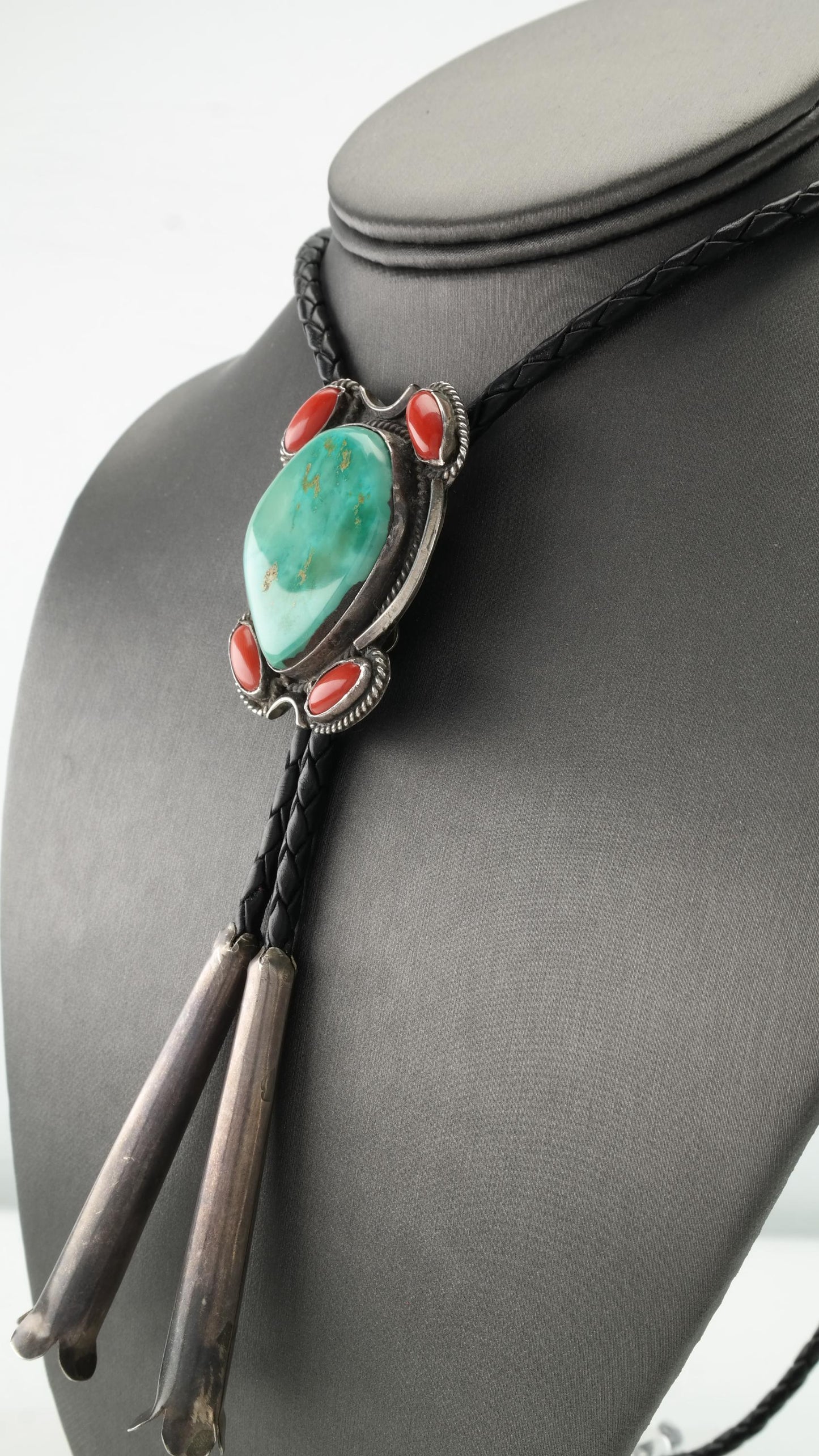 Native American Turquoise Coral Bolo Tie Sterling Silver Necklace