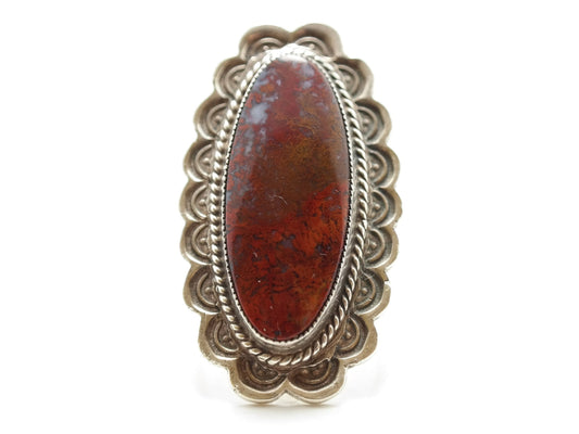 Native American Agate Ring Sterling Silver Scallop Size 8 1/4