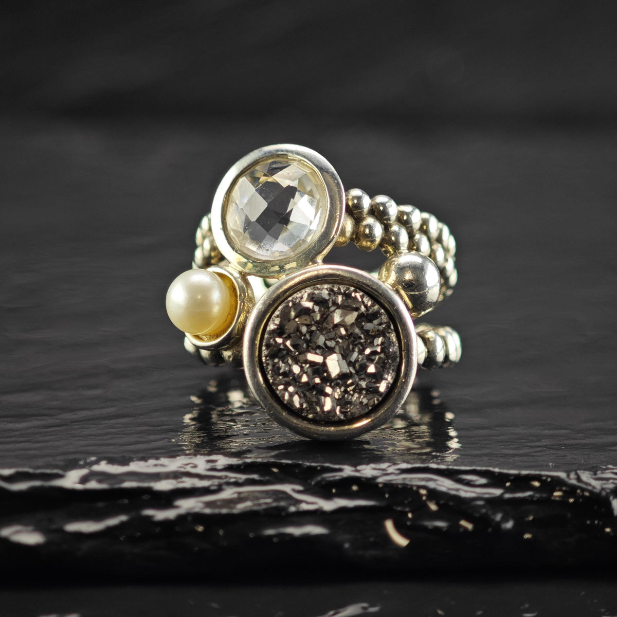 Vintage Michael Dawkins Druzy CZ Pearl Sterling Silver Ring Sz 6 R6815