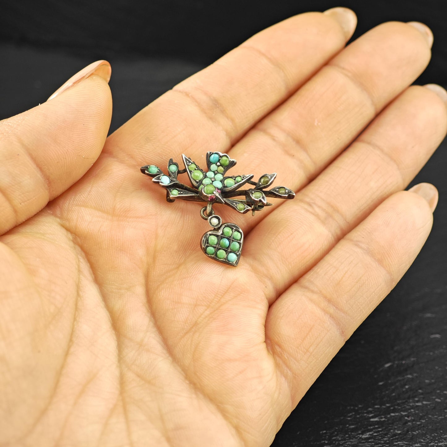 Victorian, Antique Bird, Heart Blue, Green Turquoise, Pink Ruby Brooch Sterling Silver