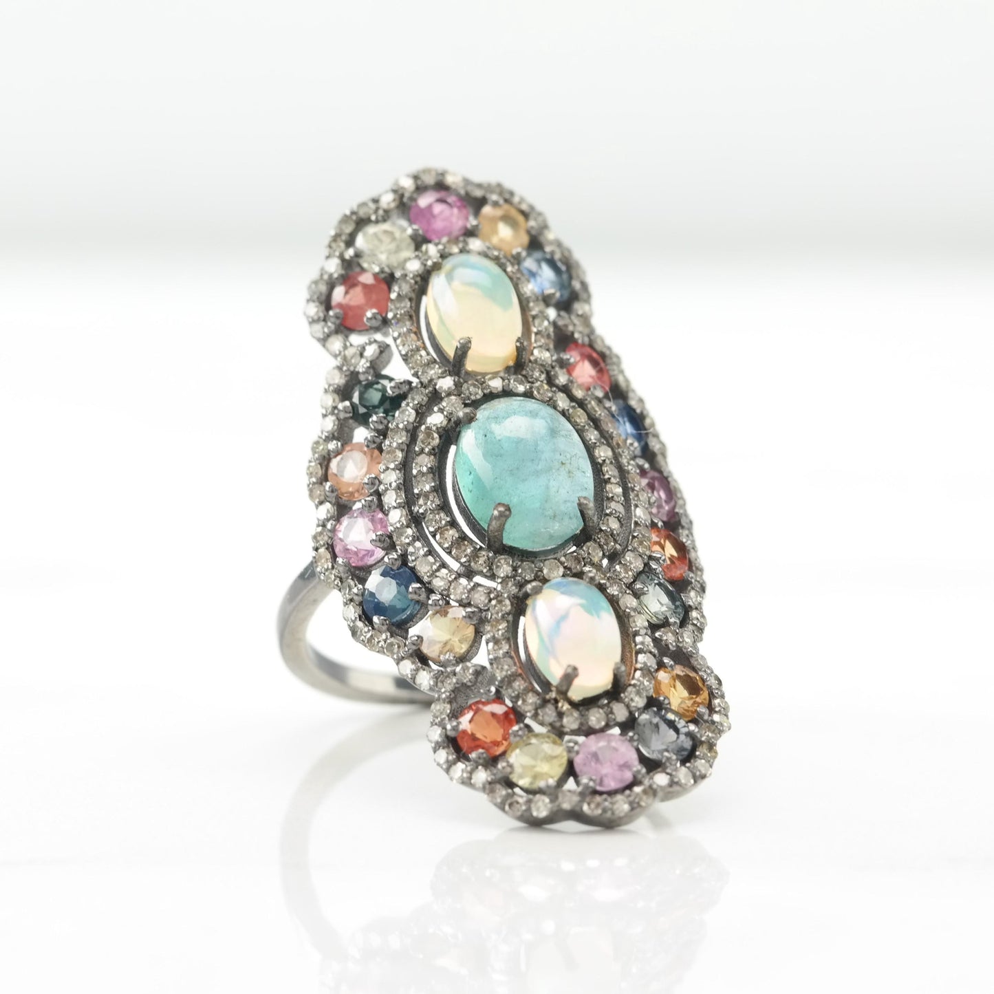 Vintage Oxidized Silver Ring Diamond Opal Aquamarine Sapphire Sterling Size 6 1/2