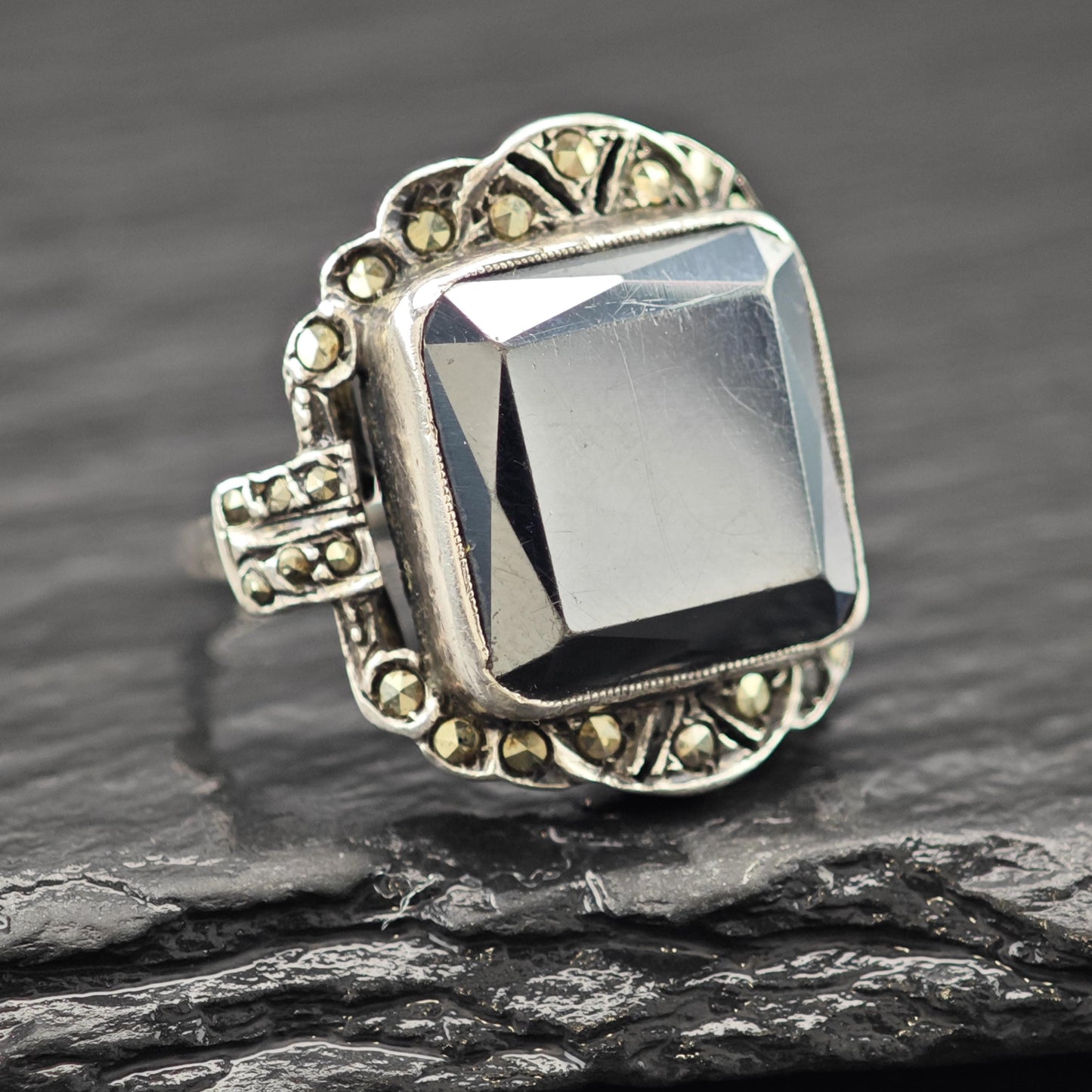 Art Deco Hematite Marcasite Ring Sterling Silver Sz 5 1/4 R6151