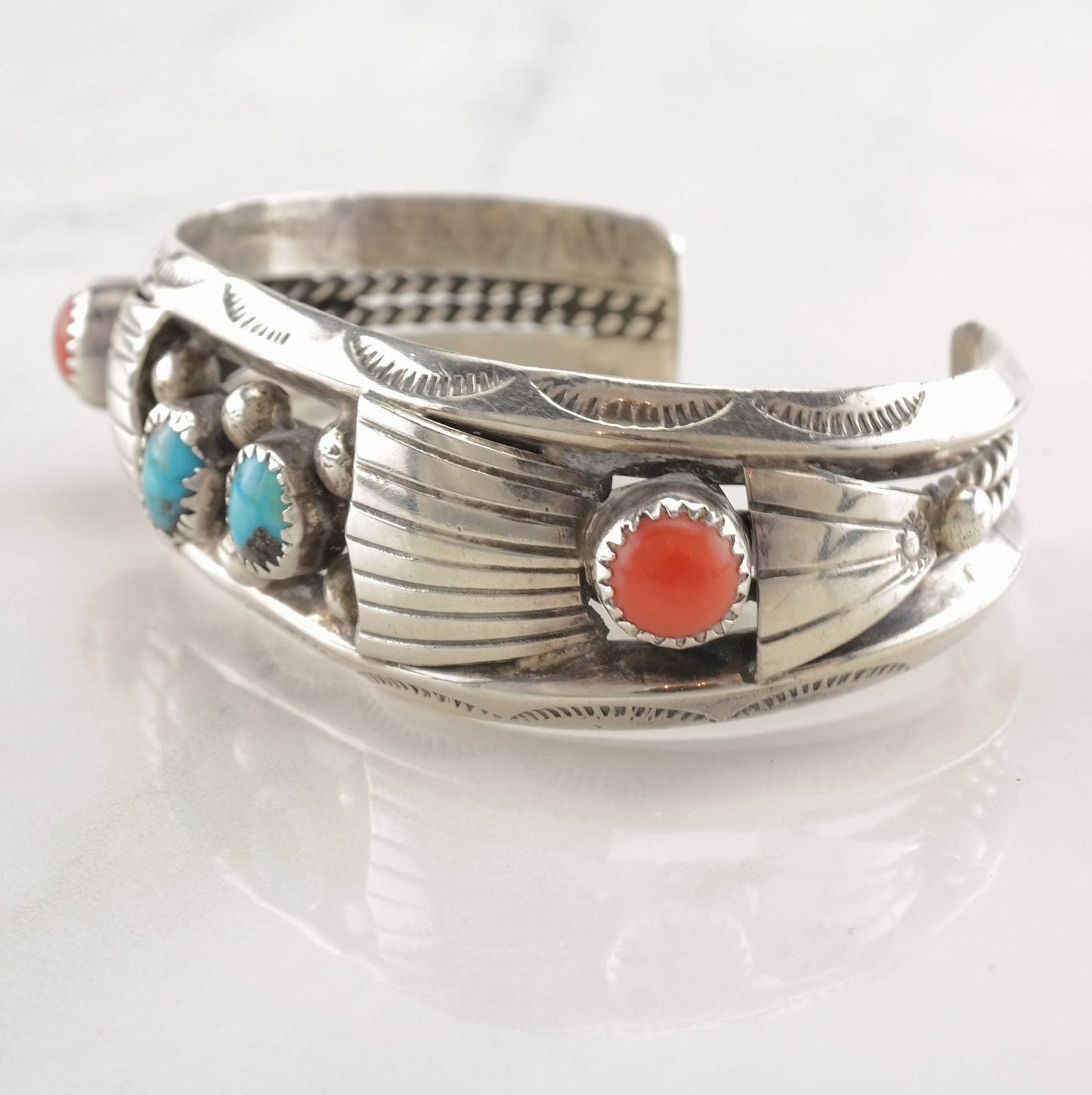 Native American Sterling Silver Turquoise Coral Cuff Bracelet