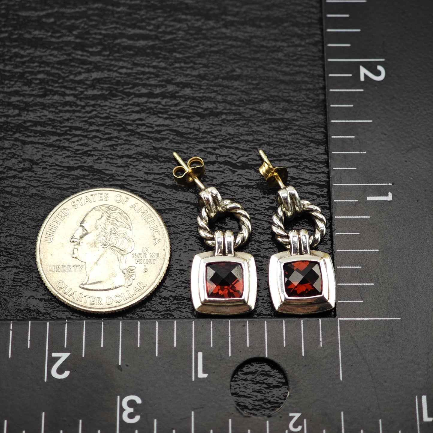 Vintage David Yurman Red Garnet, Two-tone, 10k & 14K Gold Post Sterling Silver Stud/Dangle Earrings