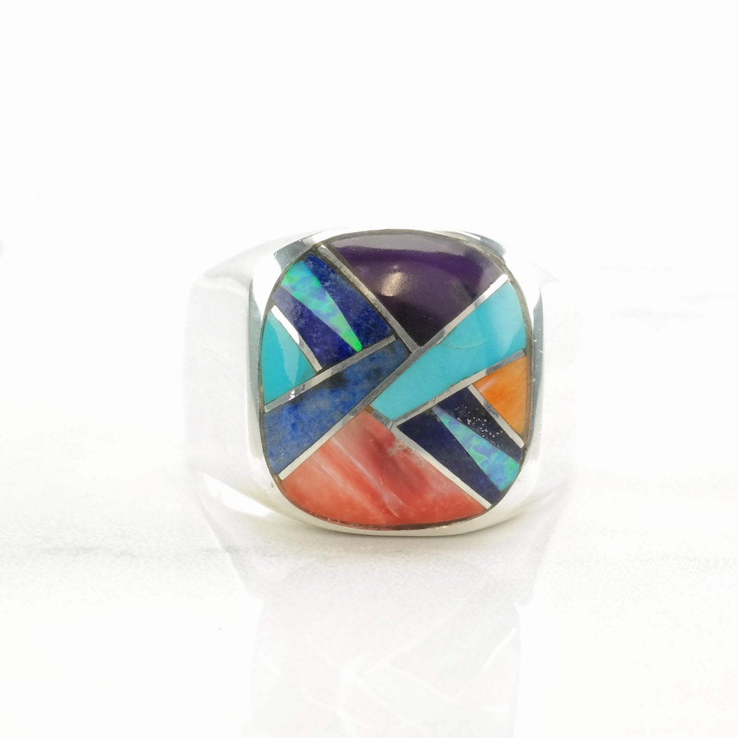 Vintage Southwest Silver Ring Multi Gemstone Inlay Sterling Size 10 3/4