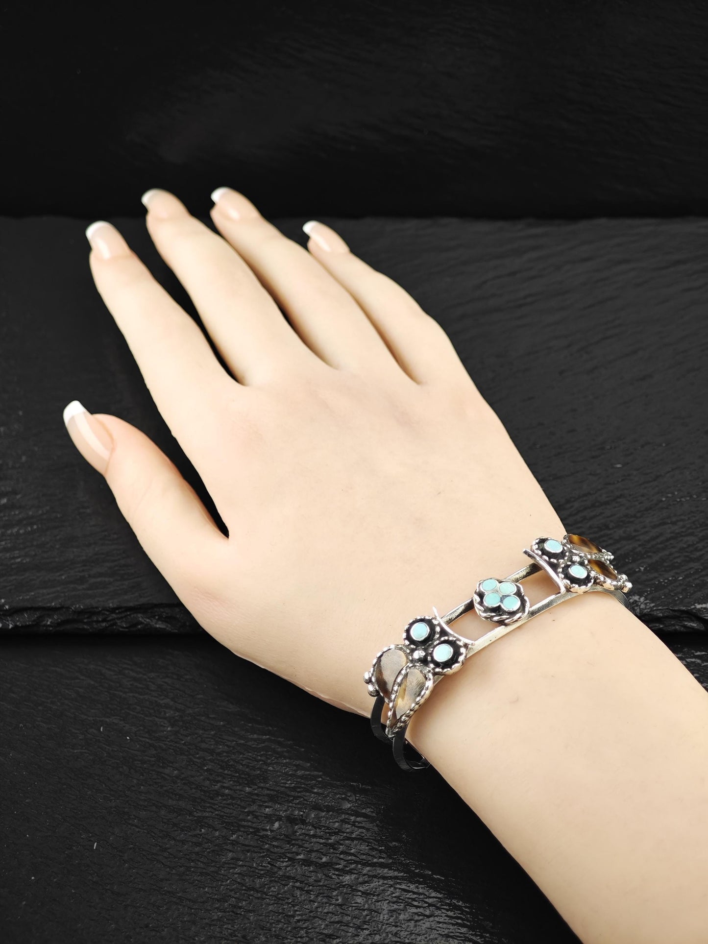 Zuni Native American Owl, Turquoise Inlay Cuff Bracelet Sterling Silver