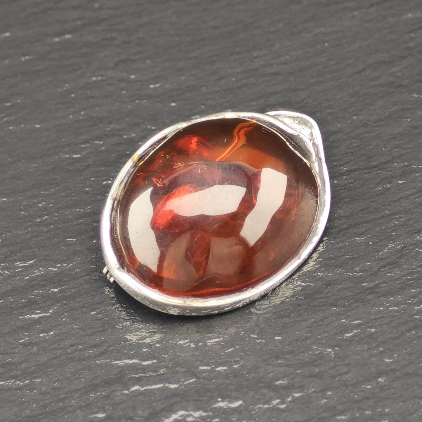 Vintage European Sterling Silver Brooch Oval Orange Natural Amber
