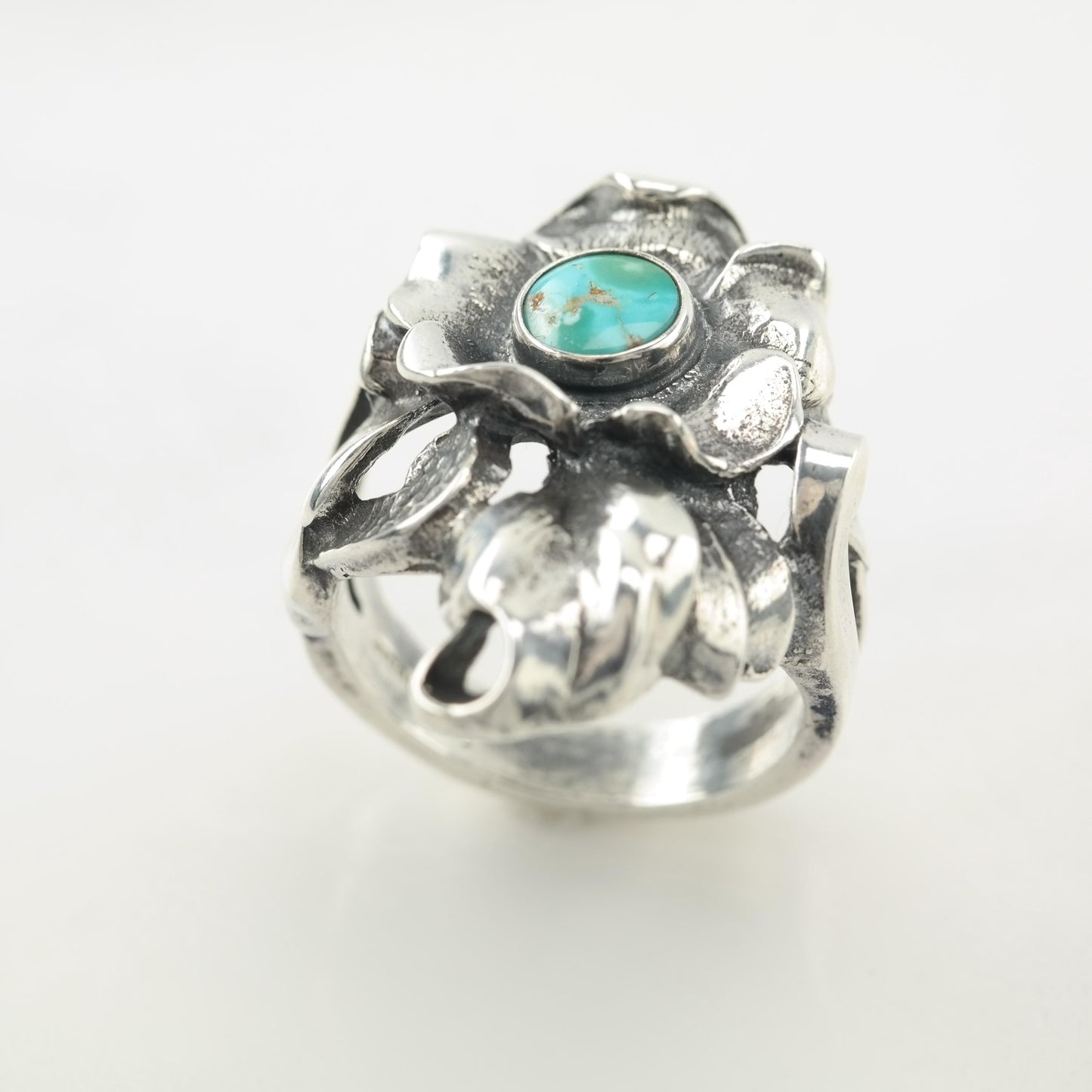 Vintage Southwest Silver Ring Turquoise Flower Sterling Blue Size 6 3/4